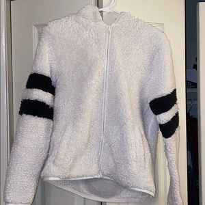 Fuzzy black and white zip up jacket